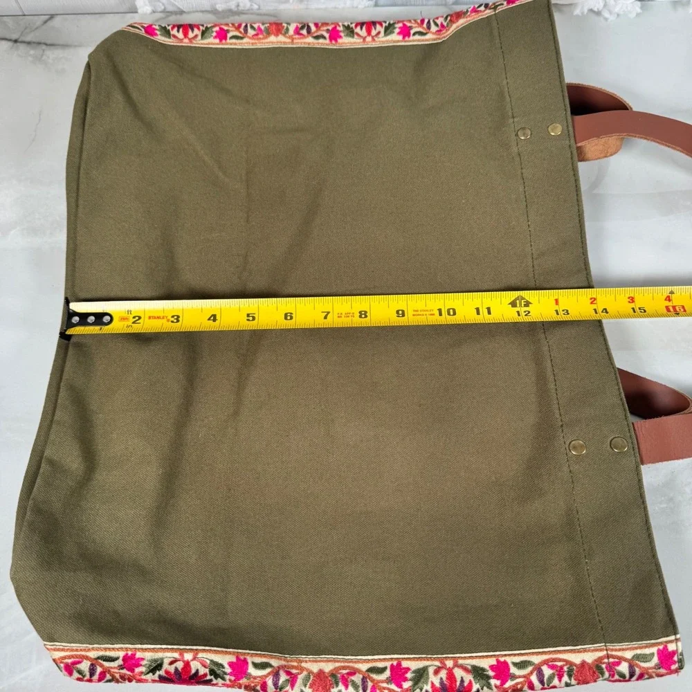 Trades of Hope Secret‎ Garden Olive Floral Embroidered Tote Bag Canvas Leather